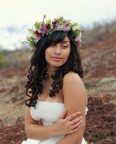 Flower crown made with daisies, lavender button mums, wild willow sprigs, lilac, brunia and ming fern
