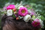 Woodland fairy crown with wild strawberries, spray roses, baby's breath and Japanese aster. Designed by Natasha of Alaskaknitnat.com